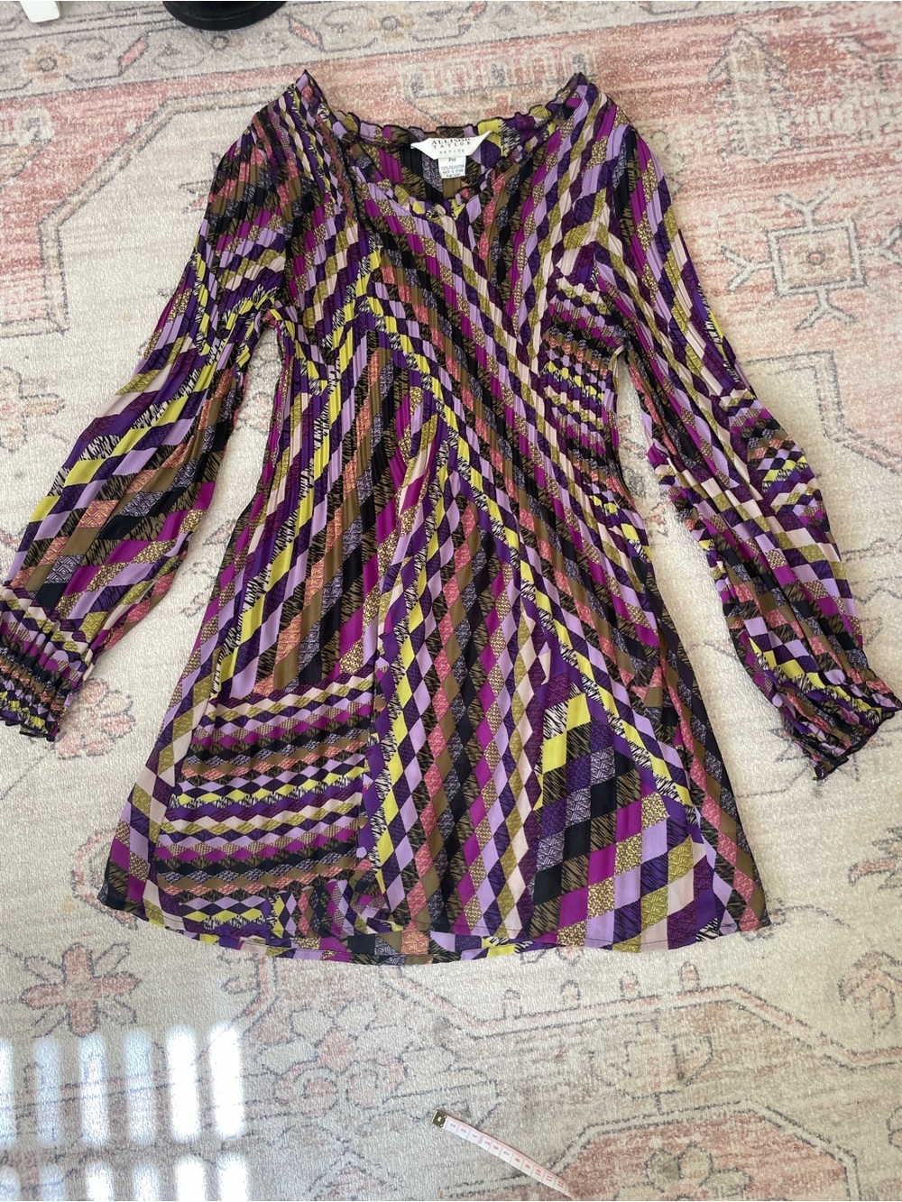 Allison Taylor Pleated Multicolor Purple Geometric Long Sleeve Blouse Womens S